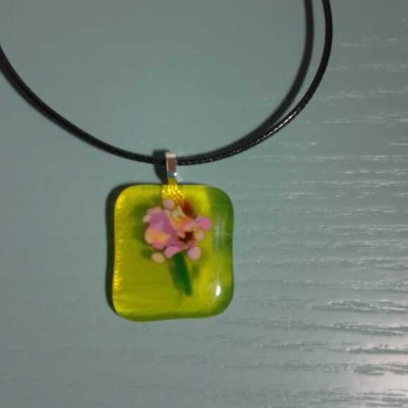 One-of-a-Kind Yellow & Pink Nature Inspired Fused Glass Pendant Necklace - Picture 2 of 9